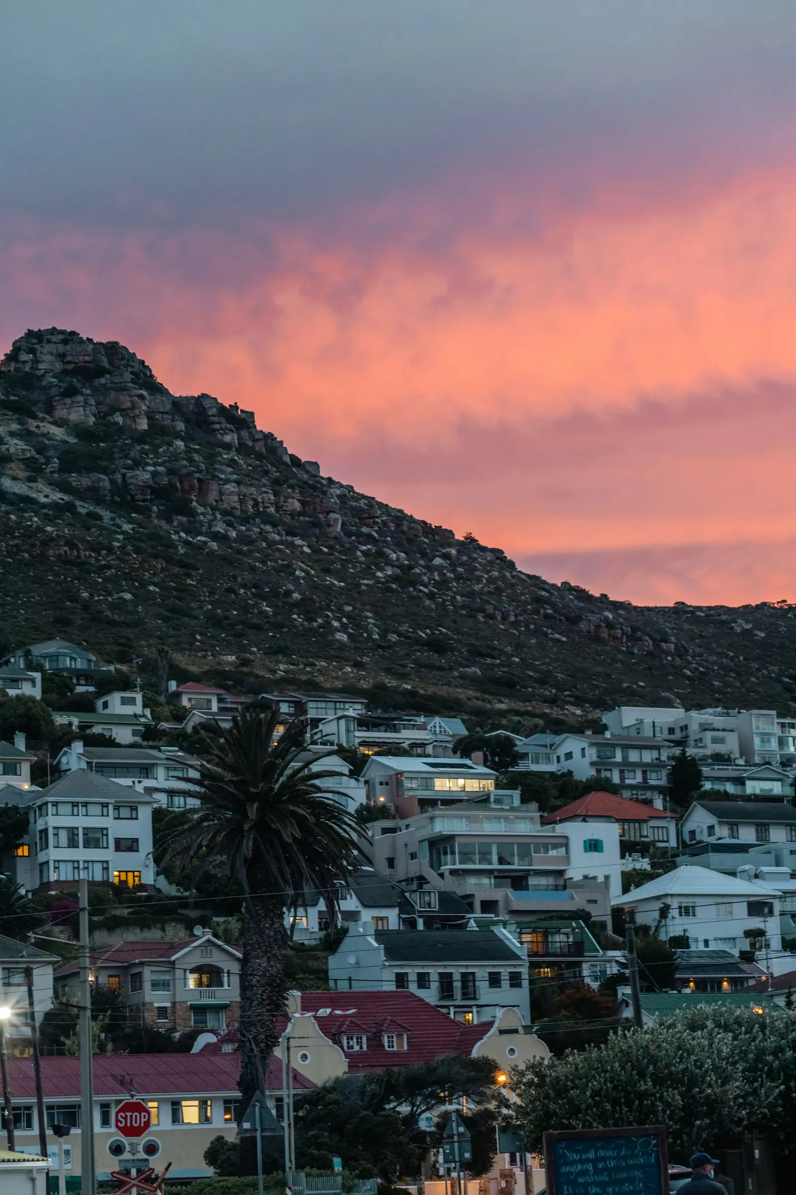 Cape Town city bowl at sunset, with Table Mountain behind it
