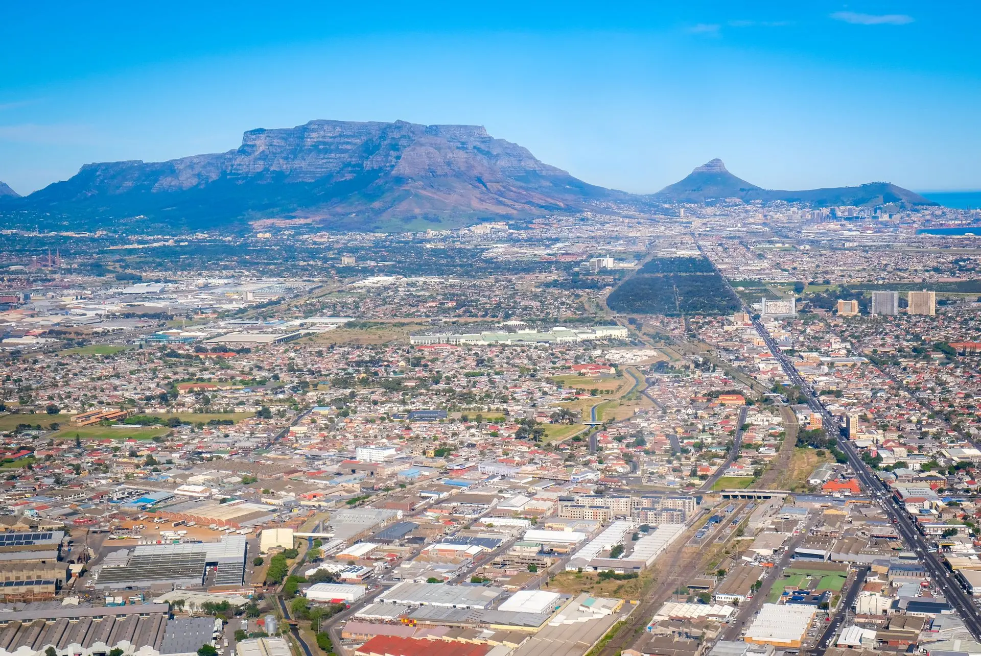 Cape Town and the Cape Flats seen from above, with Table Mountain behind